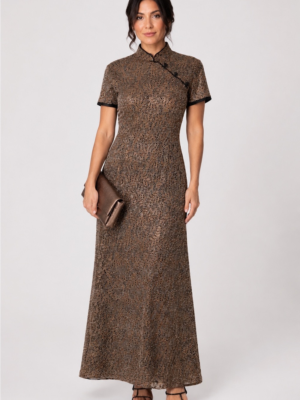 Jessica Howard Size 6 Gold Black Lace Maxi Dress Mandarin Collar Formal Gown